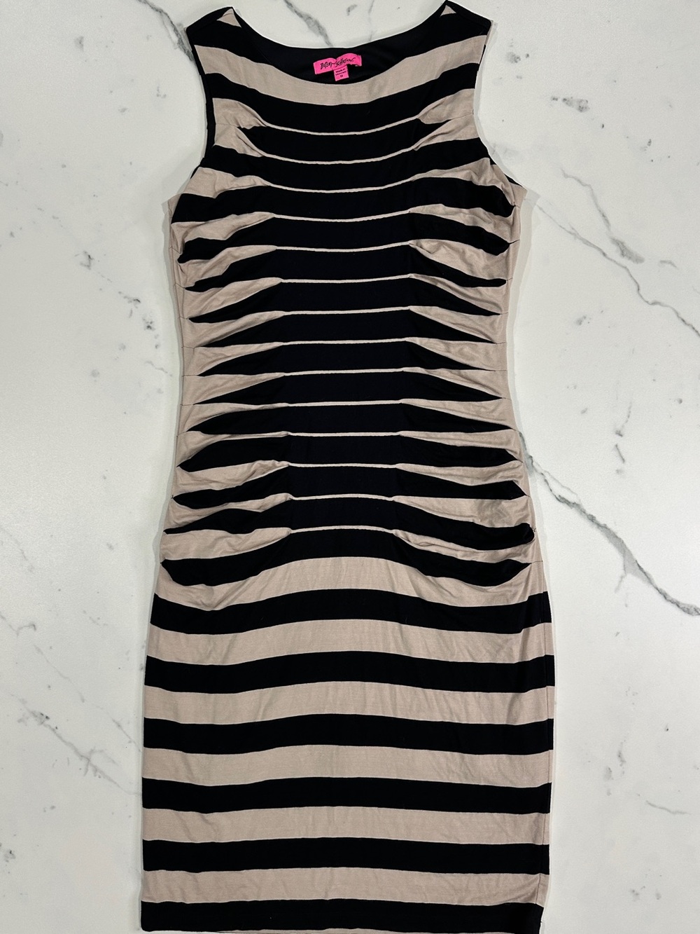 Betsey Johnson Black Cream Horizontal Stripe Ruched Bodycon Sheath Dress 10
